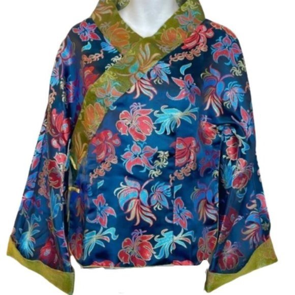 Laogudai Jackets & Blazers - Laogudai Silk Floral Wrap Style Blue Multicolor Kimono Jacket Top Size 38 (M)